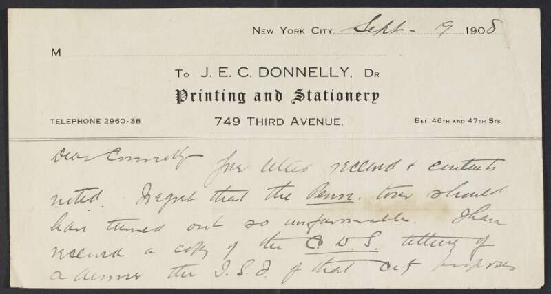 Letter from J.E.C. Donnelly to James Connolly regarding Connolly's lecture tour in Pennsylvania, hoping he has more success in Chicago,