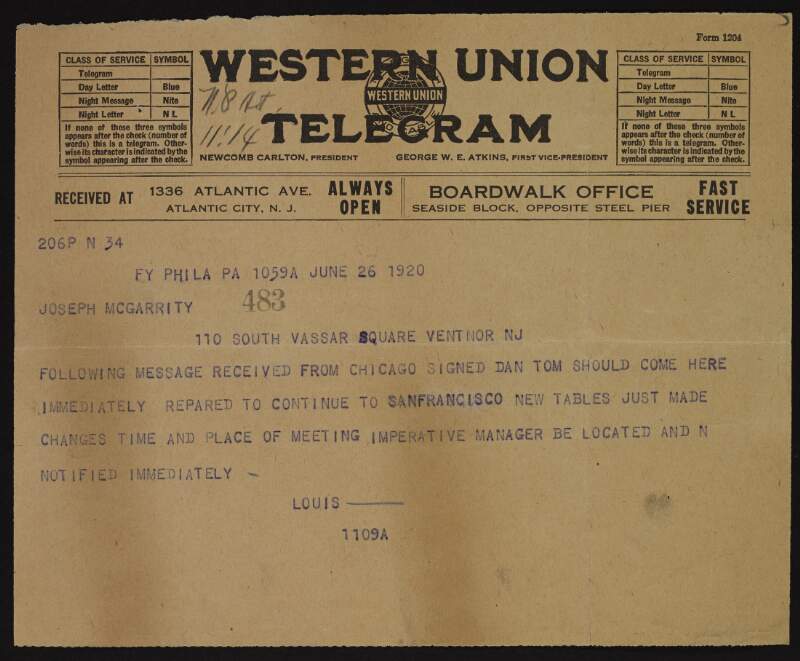 Telegram from "Louis" to Joseph McGarrity regarding a message received from Chicago relating to "Dan" and "Tom" and that they should go to Philadelphia immediately, with reference to a meeting in San Fransisco,