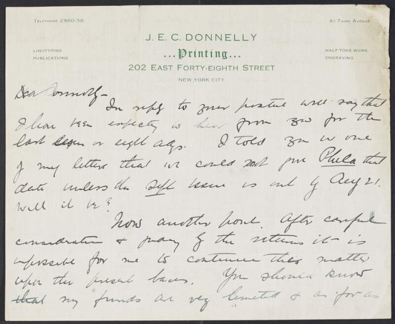 Letter from J.E.C. Donnelly to James Connolly finances in relation to the printing and distribution of 'The Harp' and attemping the finalise dates for Connolly's lecture tour,