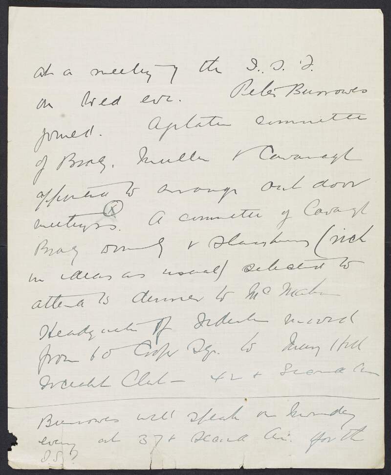 Partial letter from J.E.C. Donnelly to [James Connolly?] regarding notes on a meeting of the Irish Socialist Federation,