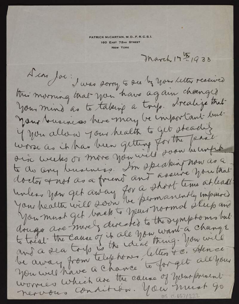 Letter from Patrick McCartan to Joseph McGarrity urging him to take care of his health,