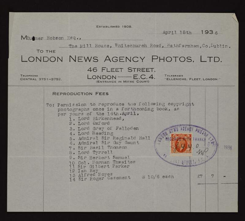 Letter from the London News Agency Photos Ltd., to Bulmer Hobson granting him formal permission to reproduce copyright photographs of a number of notable English political figures,