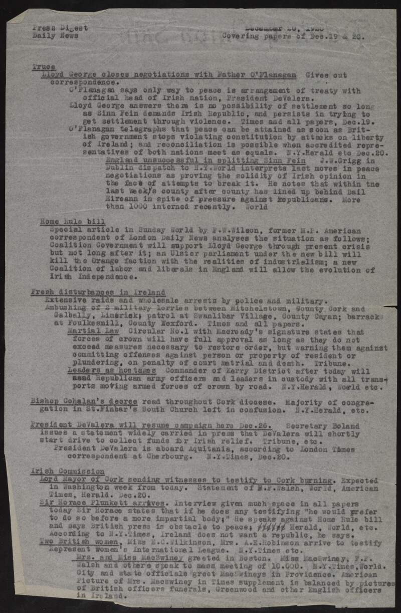 Typescript copy of extracts from American newspapers of articles relating to Ireland and Irish issues,