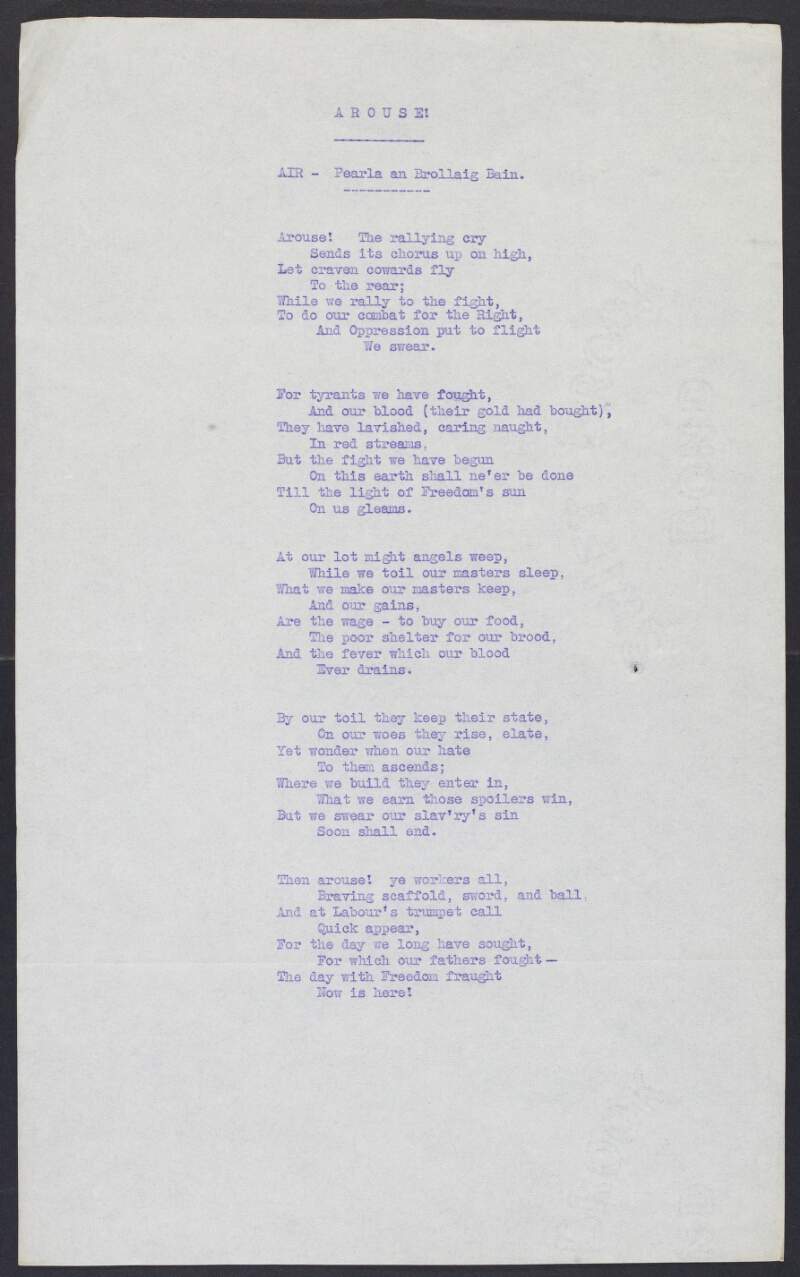 Copy of James Connolly's song titled 'Arouse!',