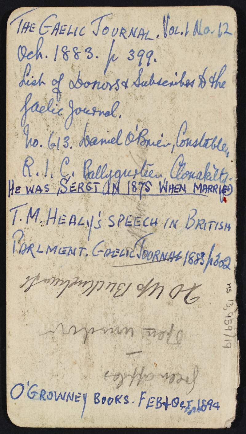 Note written by unknown author mentioning names and events such as the Gaelic Journal Vo.1 No.12 and also informing that Daniel O'Brien was a sergeant when he married in 1875,