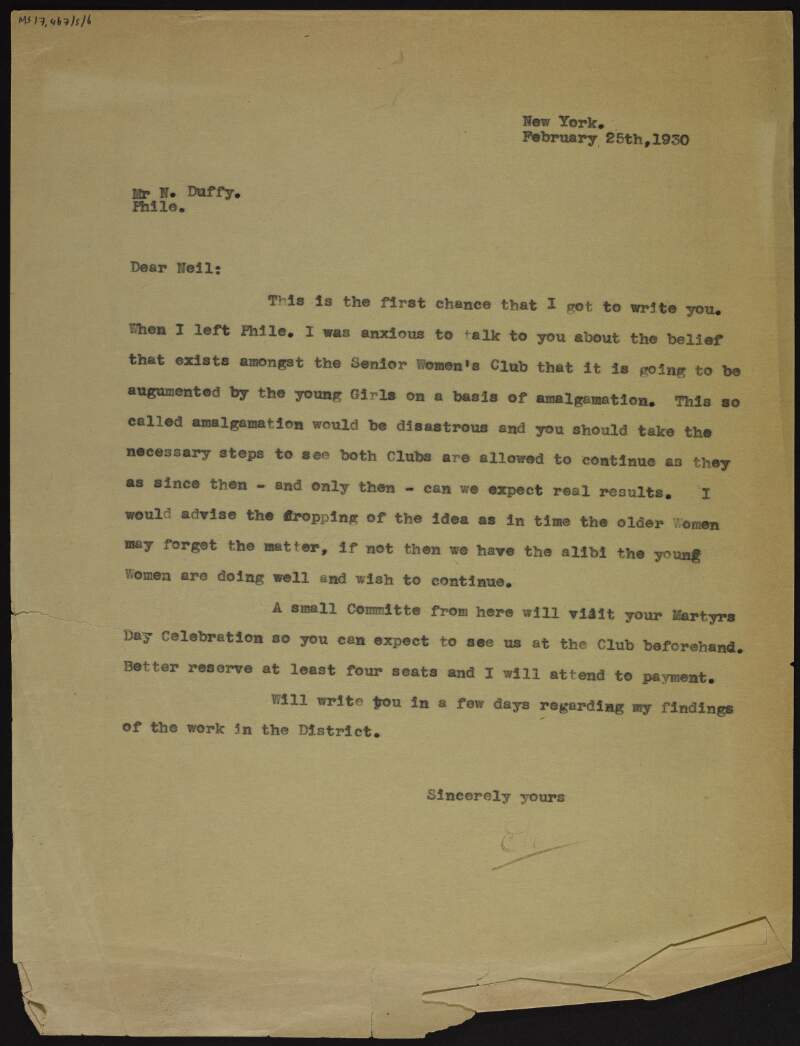 Letter [from Cornelius F. Neenan?] to Neil J. Duffy, advising strongly against the idea to amalgamate the Senior Women's Club with the Young Girls Club [for Clan-na-Gael],