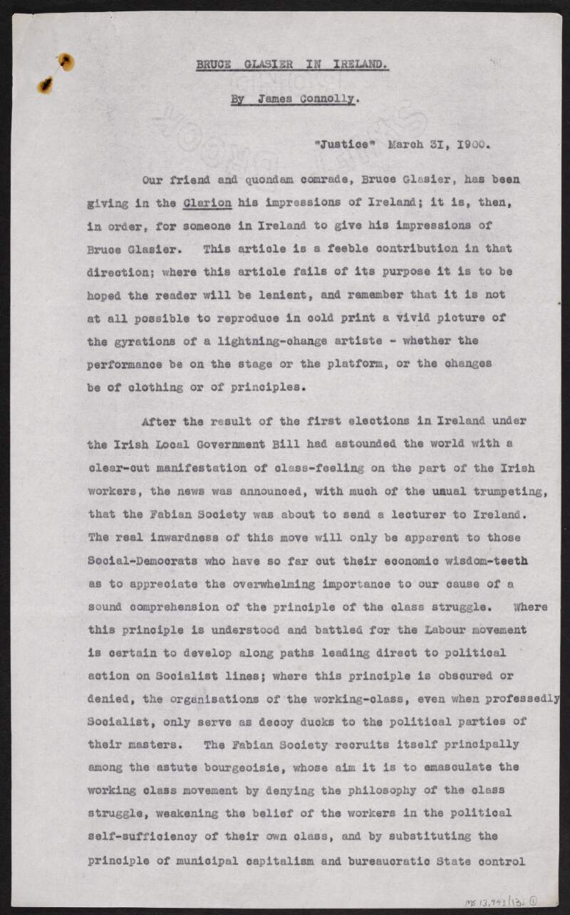 Typescript copy of article by James Connolly entitled 'Bruce Glasier In Ireland',