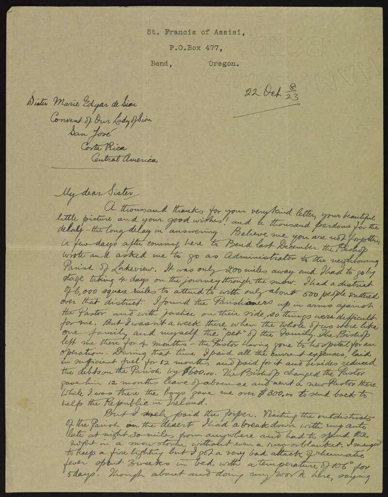 Letter from Father Dominic O'Connor to Sister Marie Edgar de Sion describing his move to the Parish of Lakeview and subsequent breakdown in health after being trapped in the snow overnight which has hampered his writing,
