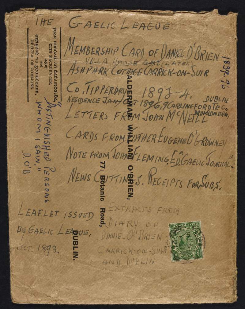 Envelope containing notes on its contents which include the membership card of Daniel O'Brien, leaflets issued by the Gaelic League, letters, notes and cards from various authors and also extracts from Daniel O'Brien's diary,