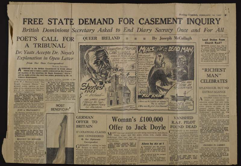 Newspaper article from the 'Sunday Telegraph' entitled "Free State Demand for Casement Inquiry",