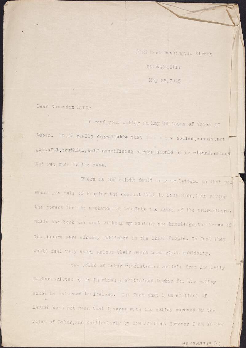 Letter from Thomas J. O'Flaherty to "Comrade Lyng" concerning Lyng's letter published in 'The Voice of Labour' magazine and criticising James Larkin's labour policies,