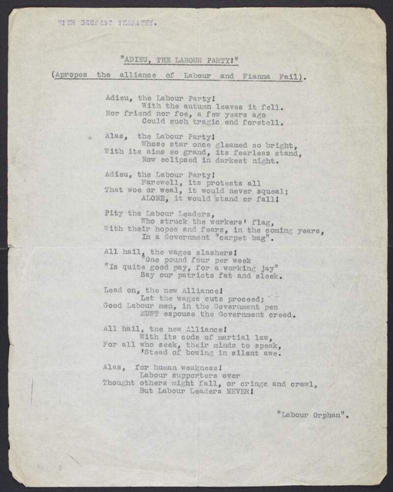 Copy of of a poem titled 'Adieu, The Labour Party!' by "Labour Orphan",