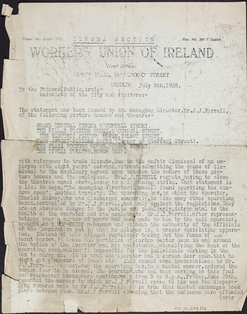 Open letter from the Workers' Union of Ireland executive committee, describing an arbitration dispute in Dublin cinemas and theatres, and urging the public not to patronise these premises until the issue is resolved,