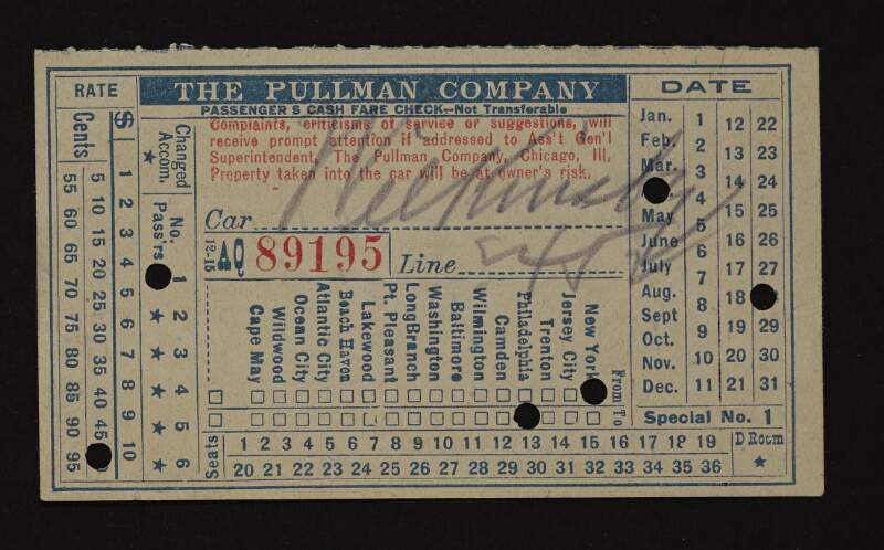 Train ticket from 'The Pullman Company' from New York to Philadelphia,