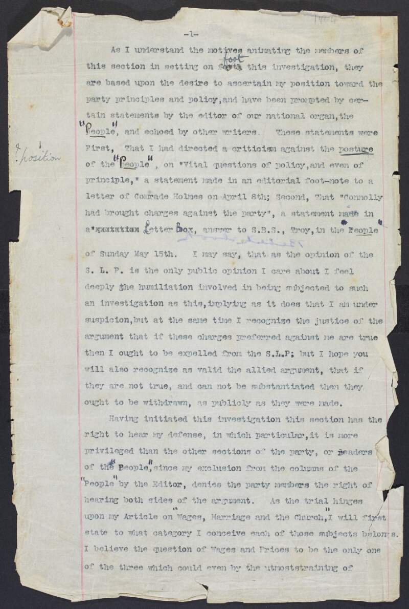 Manuscript draft of statement of James Connolly defending his socialist principles on wages, marriage and the Church in response to criticisms from the American socialist Daniel De Leon,