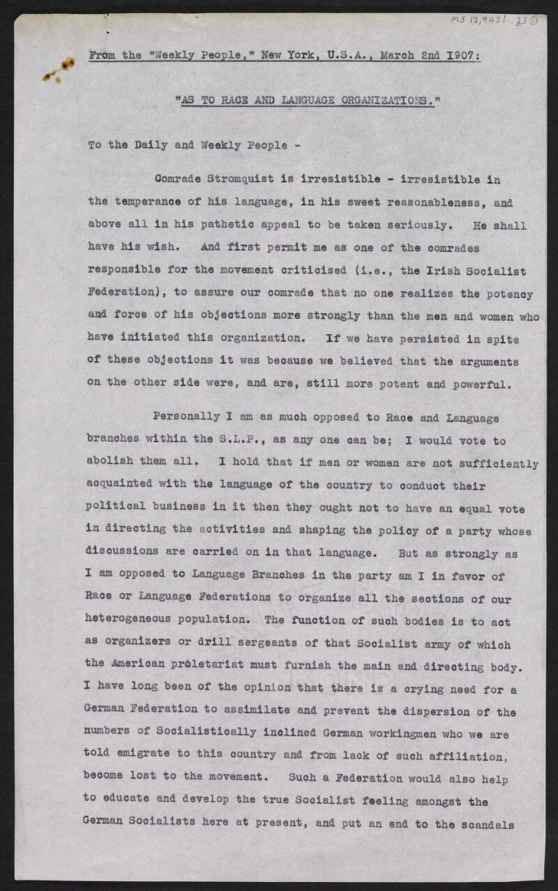 Typescript copy of article by James Connolly entitled "As to Race and Language Organisations',