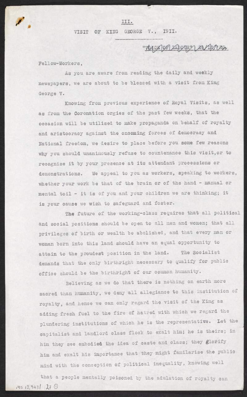 Typescript of article by [James Connolly?] entitled 'Visit of King George V',