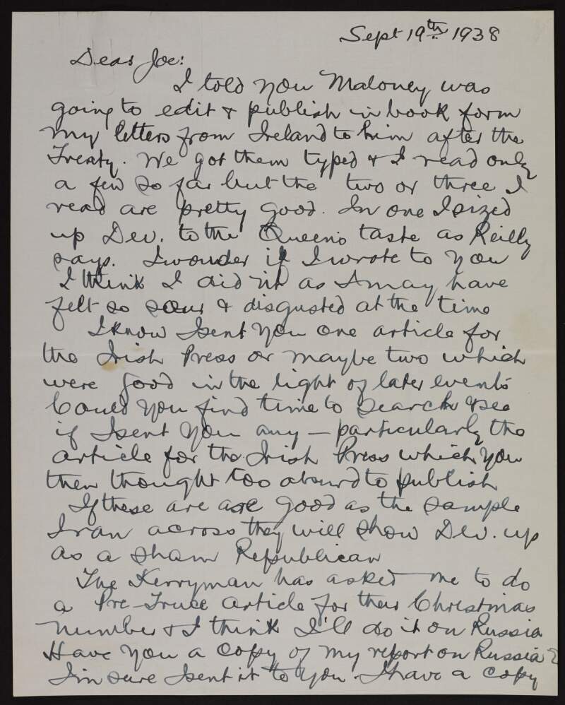 Letter from Patrick McCartan to Joseph McGarrity regarding Dr William Maloney's intention to publish the letters McCartan sent him after the Treaty and during the Civil War,