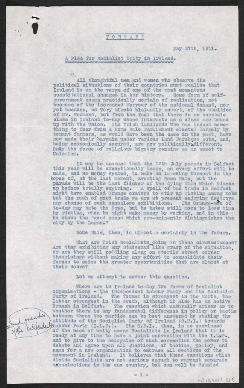 Typescript copy of article by James Connolly entitled 'A Plea for Socialist Unity',