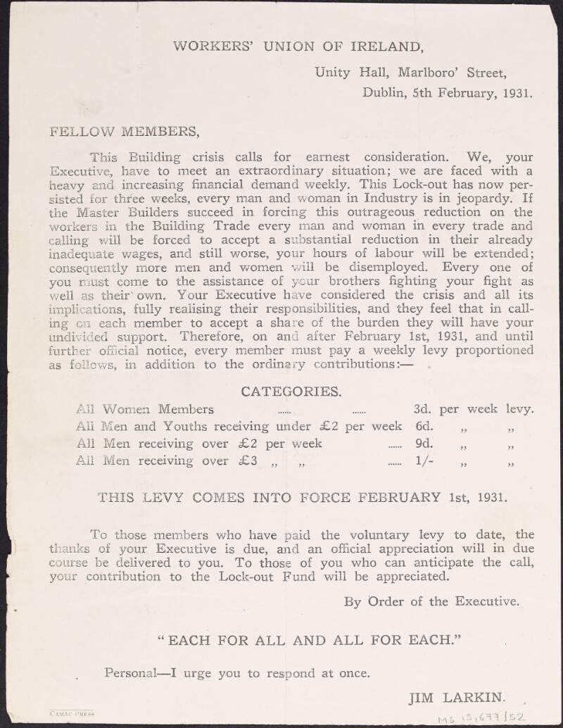 Flyer issued by James Larkin, secretary of the Workers' Union of Ireland, announcing a new weekly levy to help support building trade workers affected by the recent lock-out,