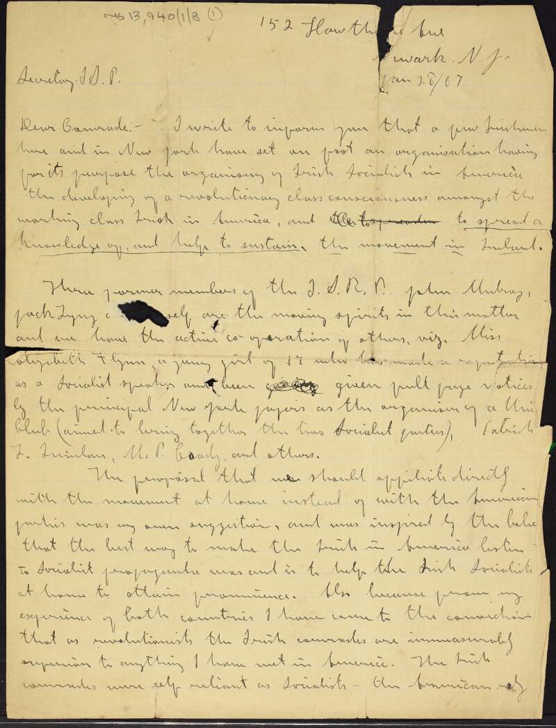 Letter from James Connolly to the Secretary of the ISP [Irish Socialist Party] about the formation of a new organisation of Irish socialists in the United States, and requesting a poem ['The artisans garret'] for use in that organisation's inauguration,