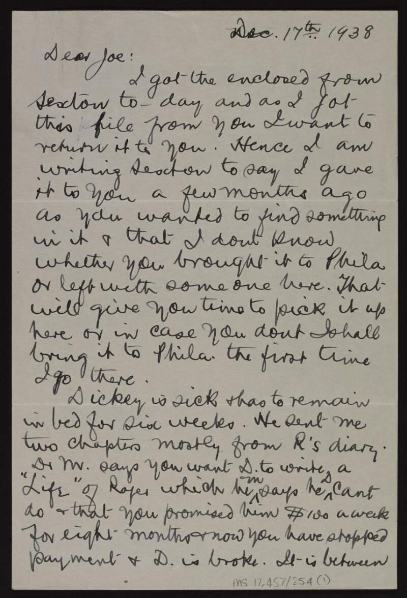 Letter from Patrick McCartan to Joseph McGarrity concerning Herbert Spencer Dickey's health and his book about Roger Casement,