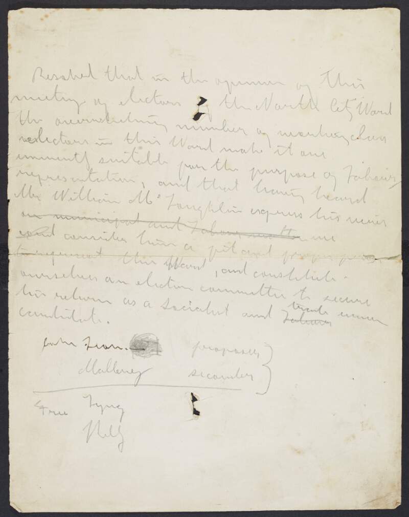 Copy of resolution by James Connolly following a meeting regarding William McLoughlin's candidacy as a socialist and trade union representative in the elections of the North City Ward, Dublin,