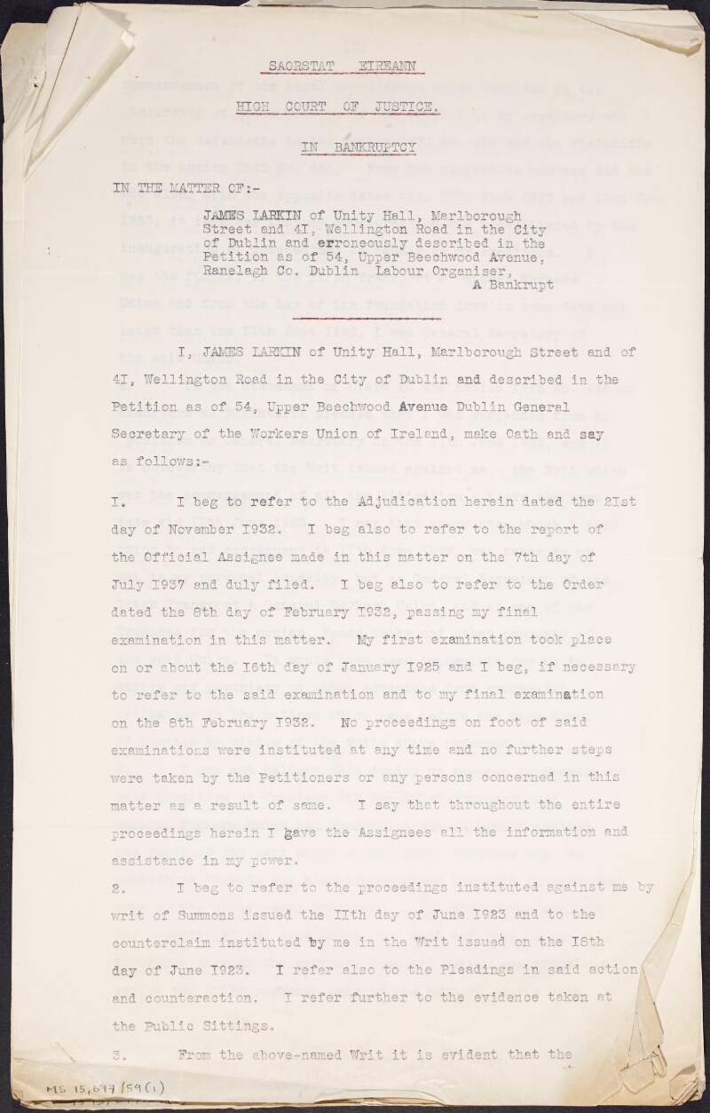 Statement of James Larkin in the matter of his bankruptcy, presented before the High Court of Justice,