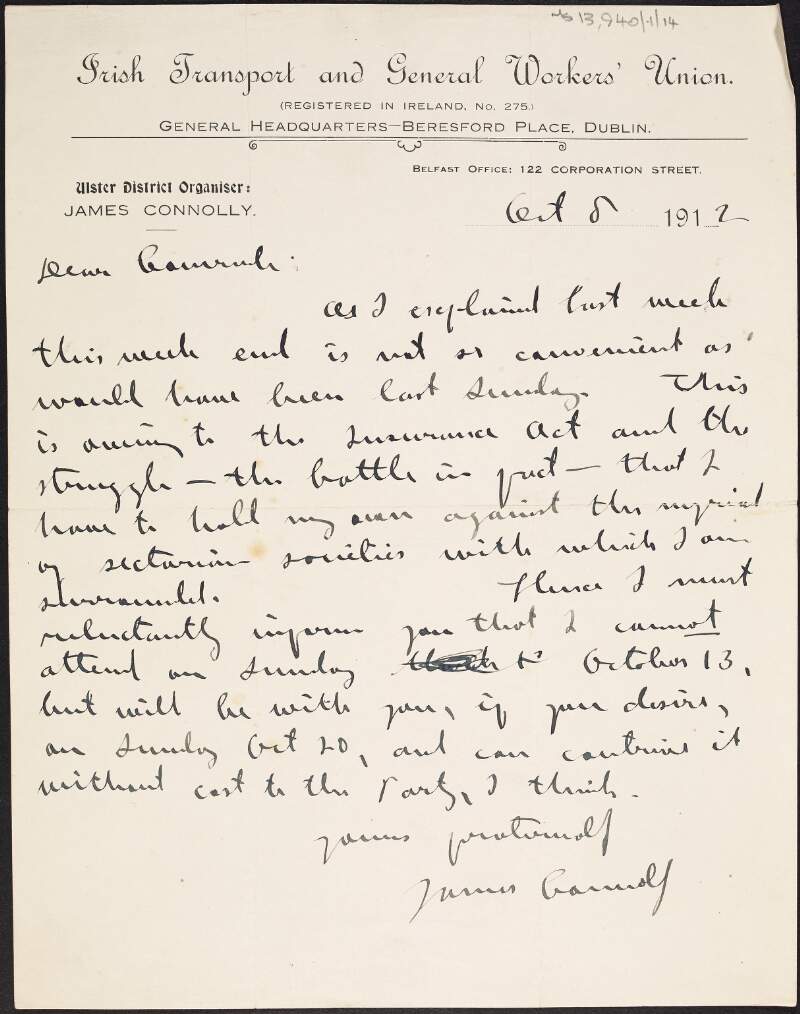 Letter from James Connolly to William O'Brien informing him of his availability,