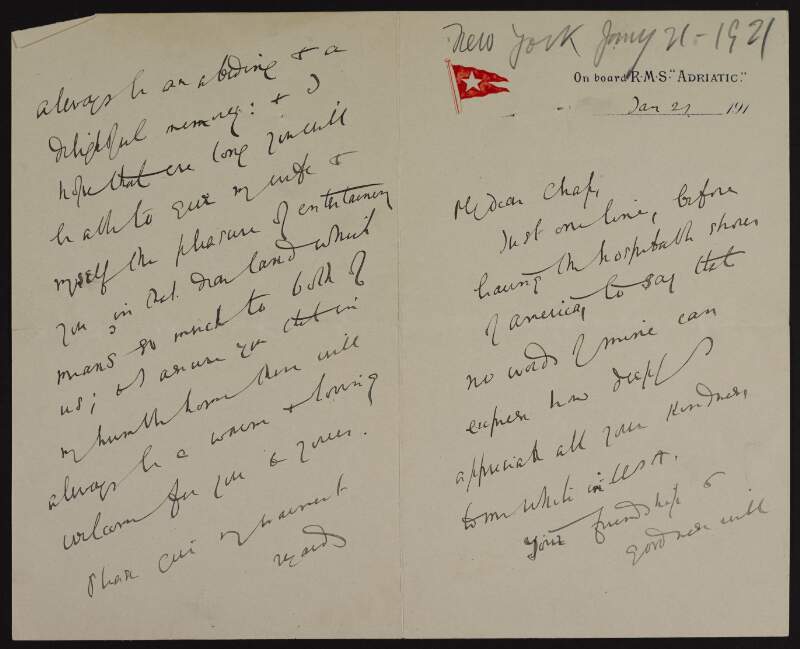 Letter from E. L. MacNaghten (sent from onboard RMS 'Adriatic') to Joseph McGarrity thanking McGarrity for his kindness and generosity during his stay in the United States,