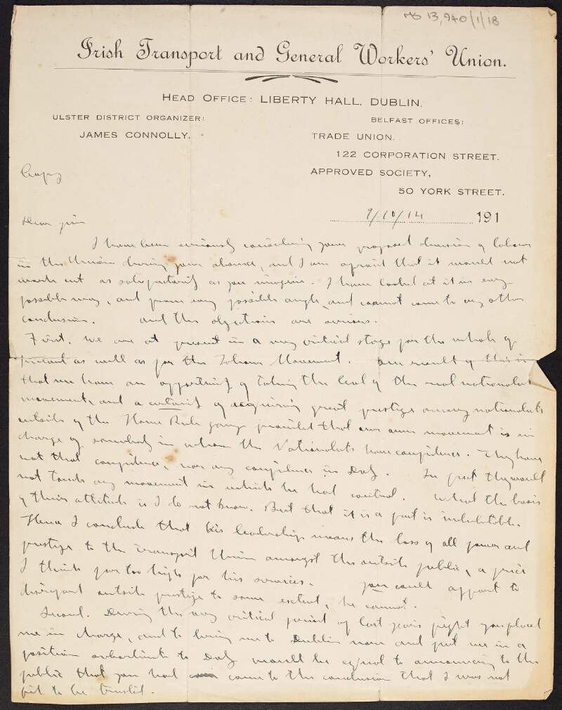 Letter from James Connolly to James Larkin setting out Connolly's response to Larkin's proposal about sharing responsiblities at the Irish Transport and General Workers' Union during Larkin's absence,
