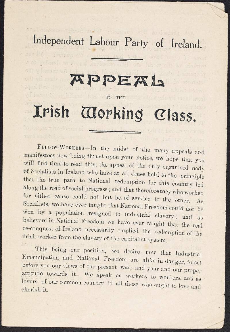 Circular from the Independent Labour Party of Ireland entitled 'Appeal to the Irish Working Class',