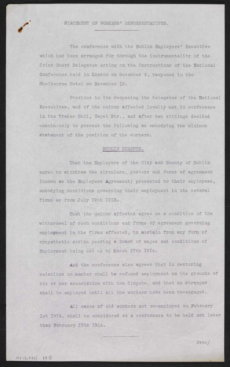 Typescript copy of document by Thomas McPartlin and John Good entitled 'Statement of Workers' Representatives' regarding the position of the workers in relation to the "Dublin Dispute',