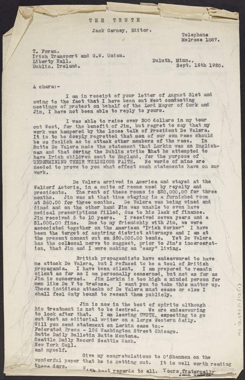Copy-letter from Jack Carney, editor of 'The Truth', to Thomas Foran denouncing Éamon de Valera's remarks about James Larkin,