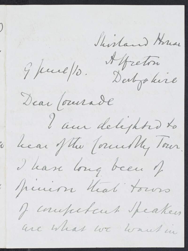 Letter from Francis Spring Rice, 4th Baron Monteagle of Brandon, to William O'Brien expressing his delight at the news of James Connolly's lecture tour and suggesting possible arrangements,