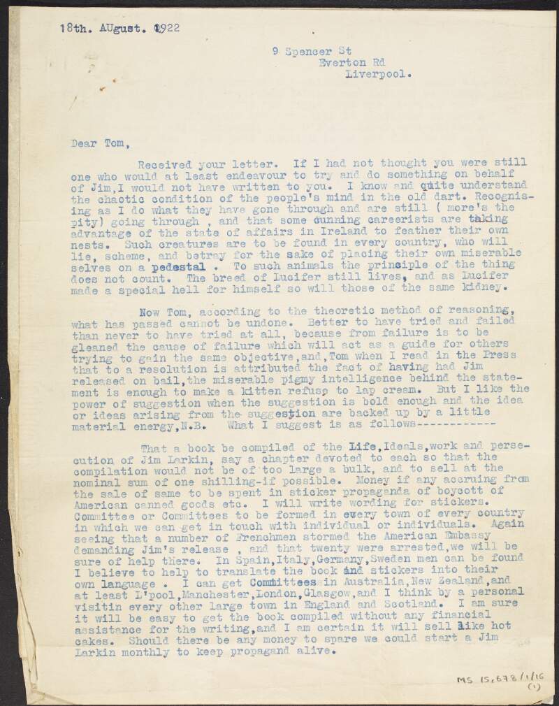 Letter from Peter Larkin to Thomas Foran suggesting that they write a book or magazine about James Larkin, in order to raise funds to help secure his release from prison,