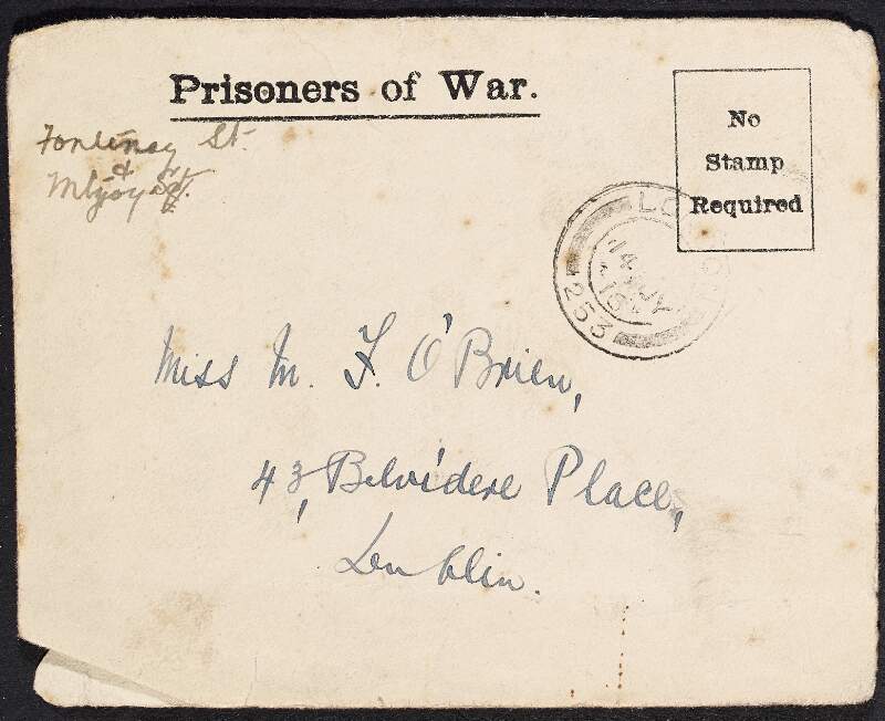 Letter from E. Mallon to Mary Frances O'Brien informing her that William O'Brien has been moved from the Knutsford Prison to Frongoch Prison in North Wales, discussing ways of sending parcels to him and also assuring her she will ask about him when she visits next,