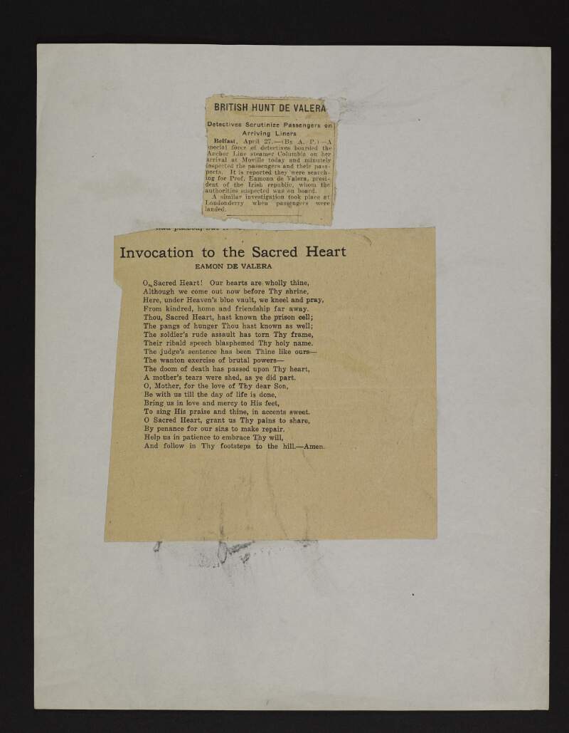 Two newspaper articles relating to Éamon De Valera, one entitled "British Hunt De Valera" and the second, a poem by De Valera, entitled "Invocation to the Sacred Heart",