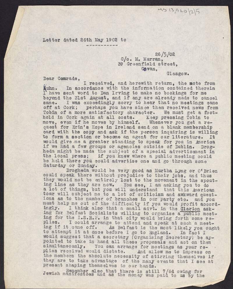 Partial copy of letter from James Connolly [to Thomas J. Lyng] about Connolly's proposed tour in the United States,