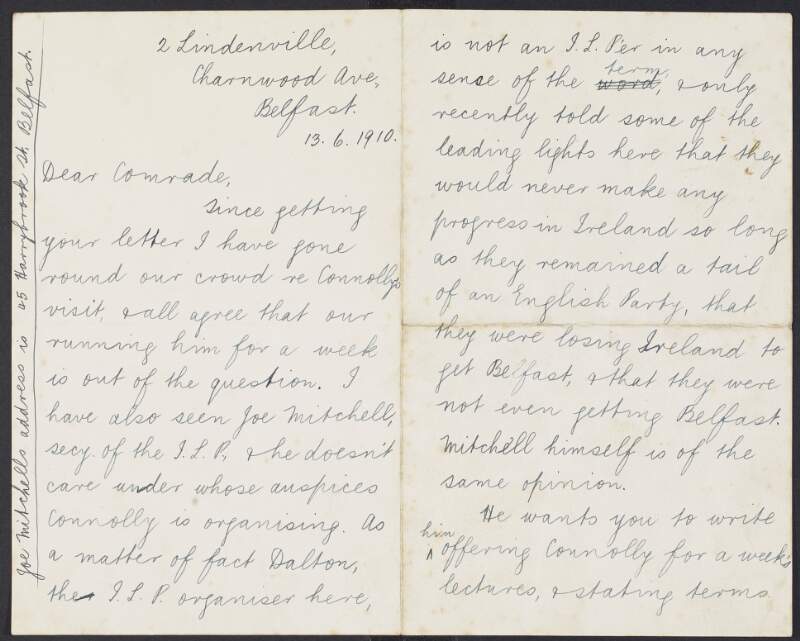 Letter from William G. Orr to William O'Brien, regarding the failures of the Independent Labour Party in Belfast and arrangments for James Connolly's lecture tour,