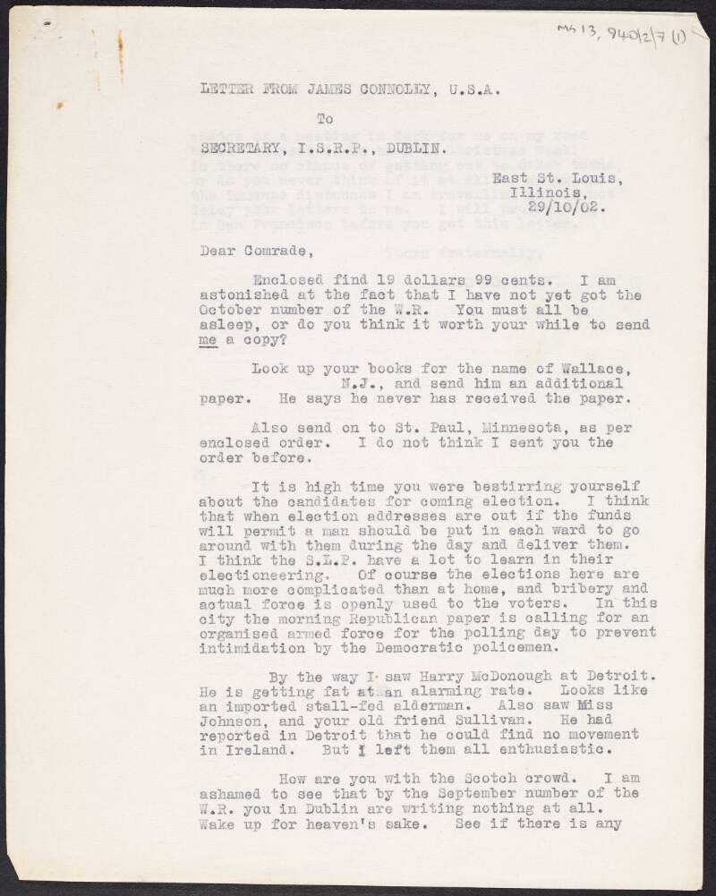 Copy of letter from James Connolly to the Secretary, Irish Socialist Republican Party, about the 'Workers' Republic' and election work in Dublin,