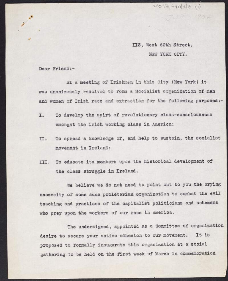 Copy of circular from John J. Lyng and others inviting members to join a Socialist organisation in the United States and to attend its inauguration in March,