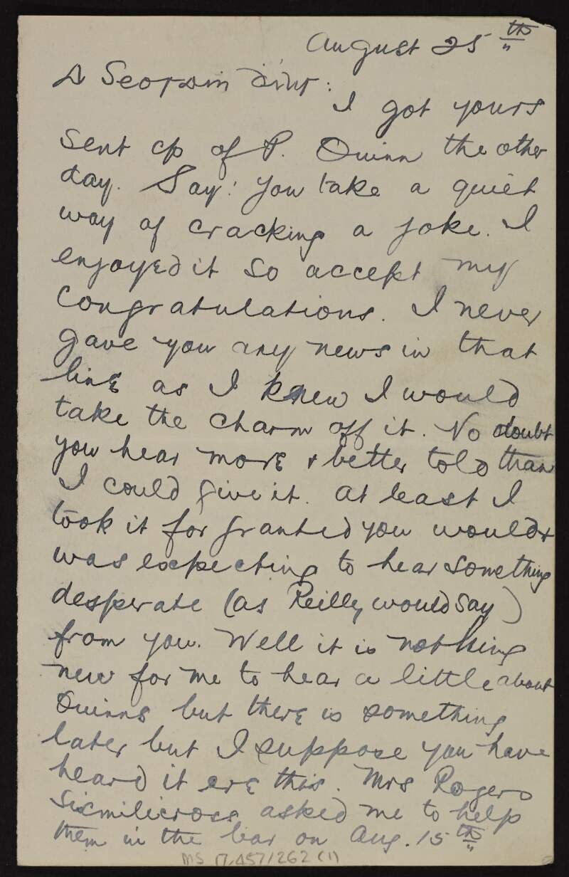 Letter from Patrick McCartan to Joseph McGarrity regarding the 'Republic' and Bulmer Hobson,