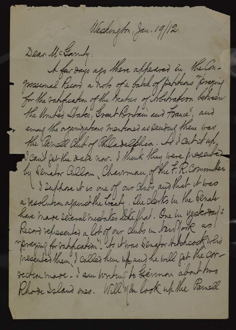 Letter from John Devoy to Joseph McGarrity regarding efforts to rectify errors made in the congressional records that stated their organisations were "praying for ratification" of the arbitration treaties with France and Britain,