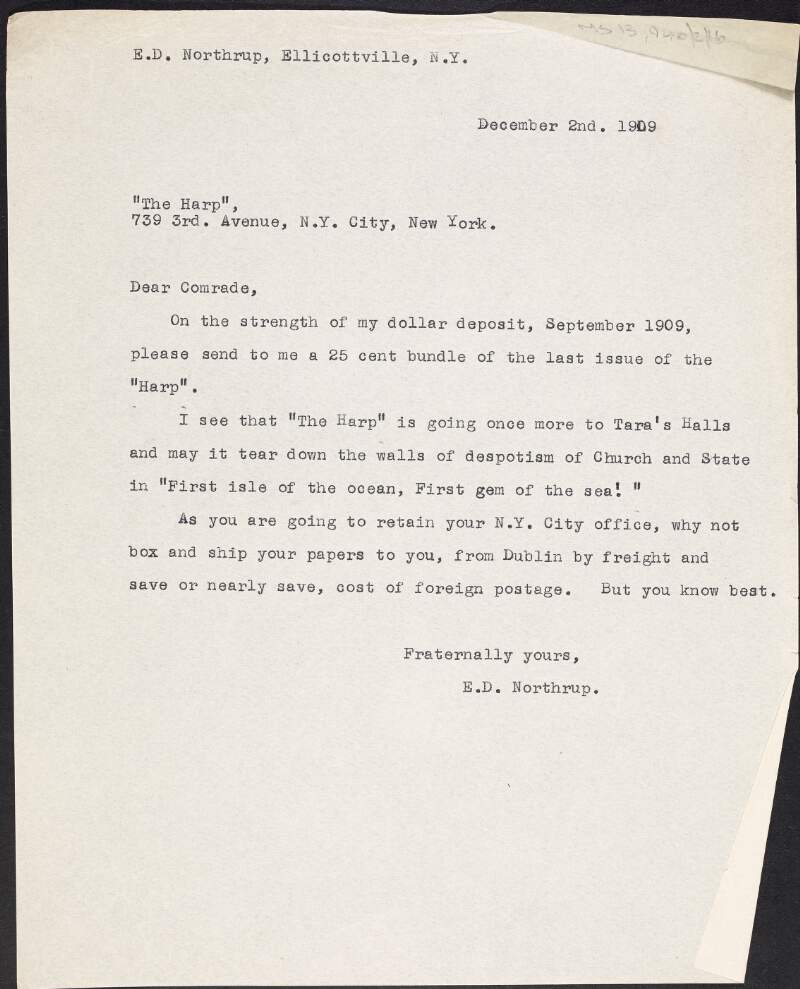 Copy of letter [to James Connolly] from E.D. Northrup requesting copies of 'The Harp' and suggesting that Connolly ship the publication from Dublin,