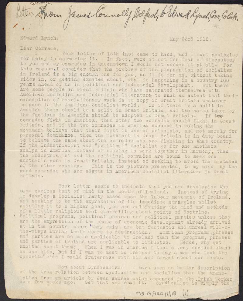 Copy of letter from James Connolly to Edward Lynch about differences within the socialist movements in the United States, the United Kingdom and Ireland, what syndicalism is, and enclosing a manifesto,