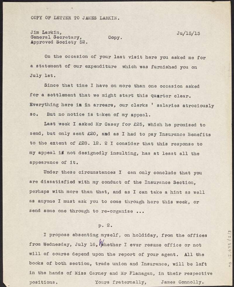 Copy-letter from James Connolly to James Larkin, general secretary of the Irish Transport and General Workers' Union, expressing his dissatisfaction with the financial situation in the Union's Insurance Section,