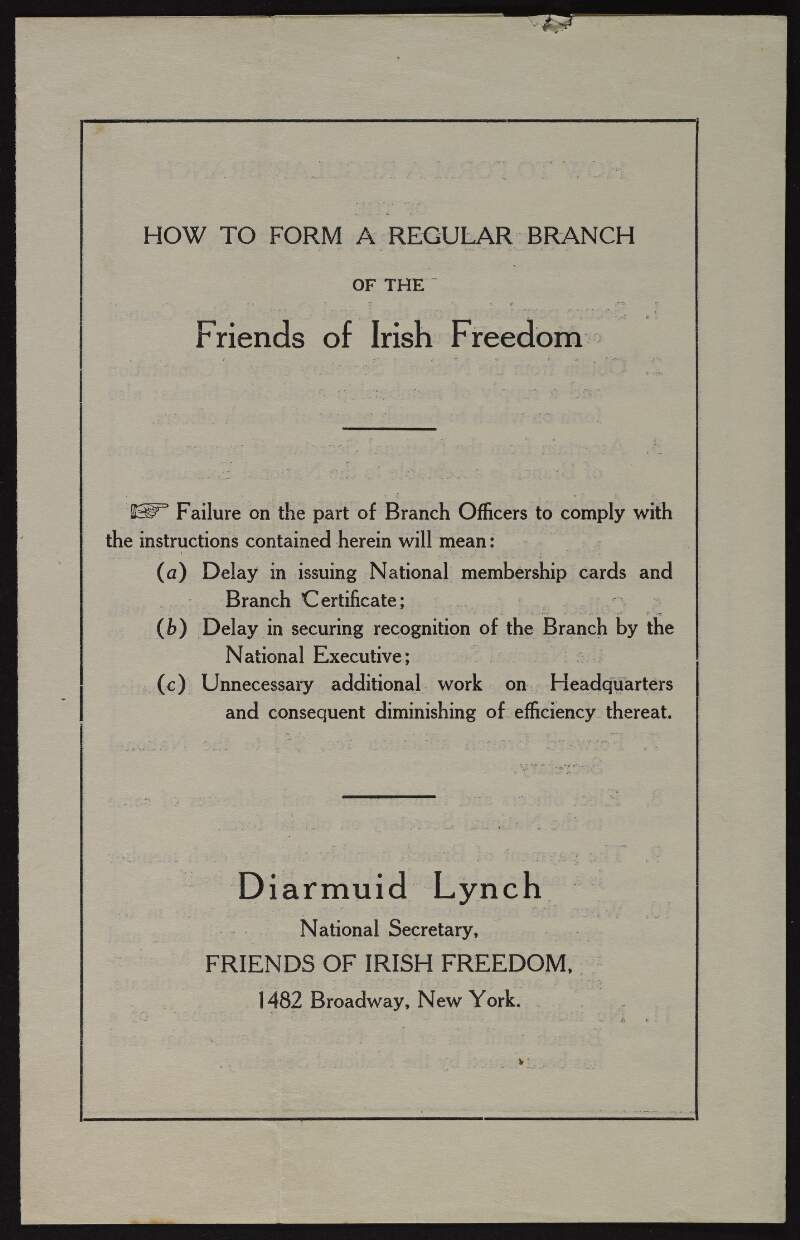 Booklet titled 'How to Form a Regular Branch of the Friends of Irish Freedom' by Diarmuid Lynch,