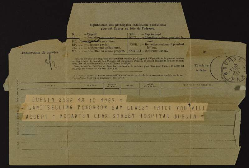 Telegram from Patrick McCartan to Joseph McGarrity reading "land selling tomorrow say lowest price you will accept",