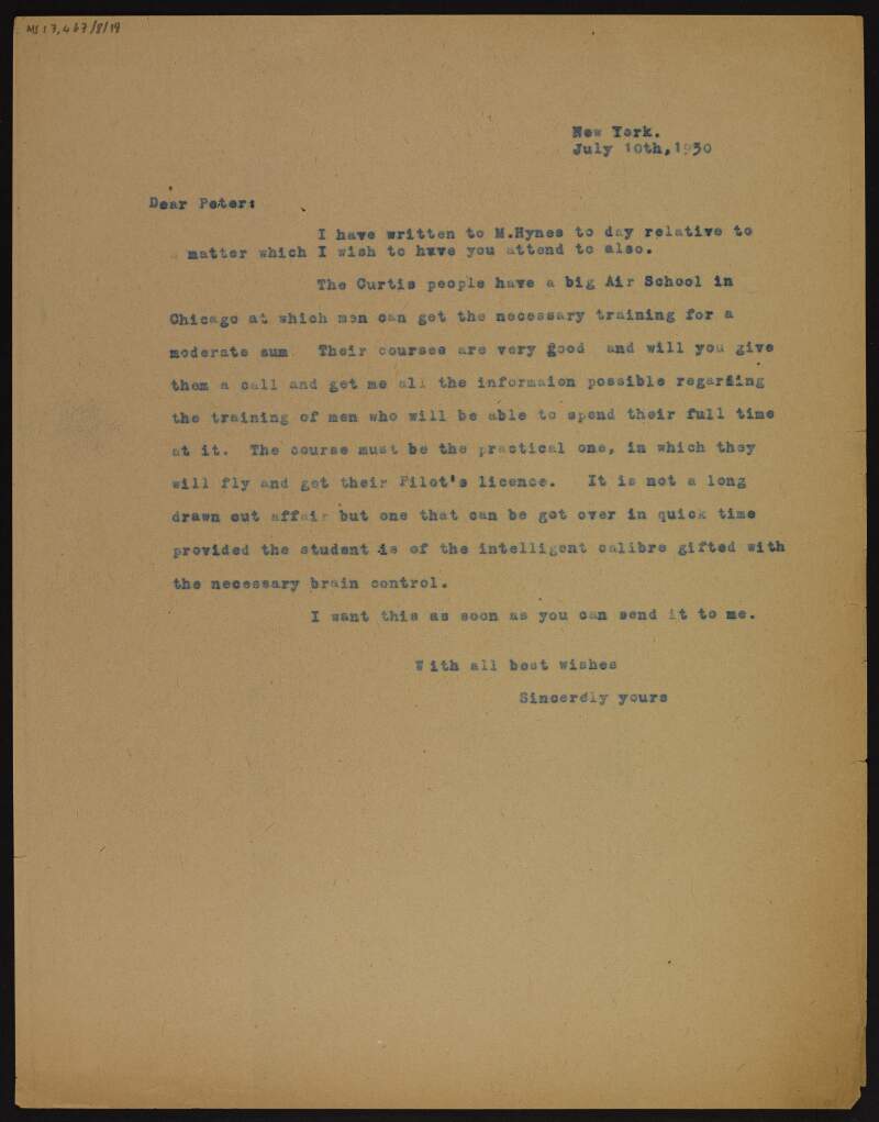 Letter [from Cornelius F. Neenan?] to "Paddy" about writing to Mick Hynes, and asking for information about the air school in Chicago,